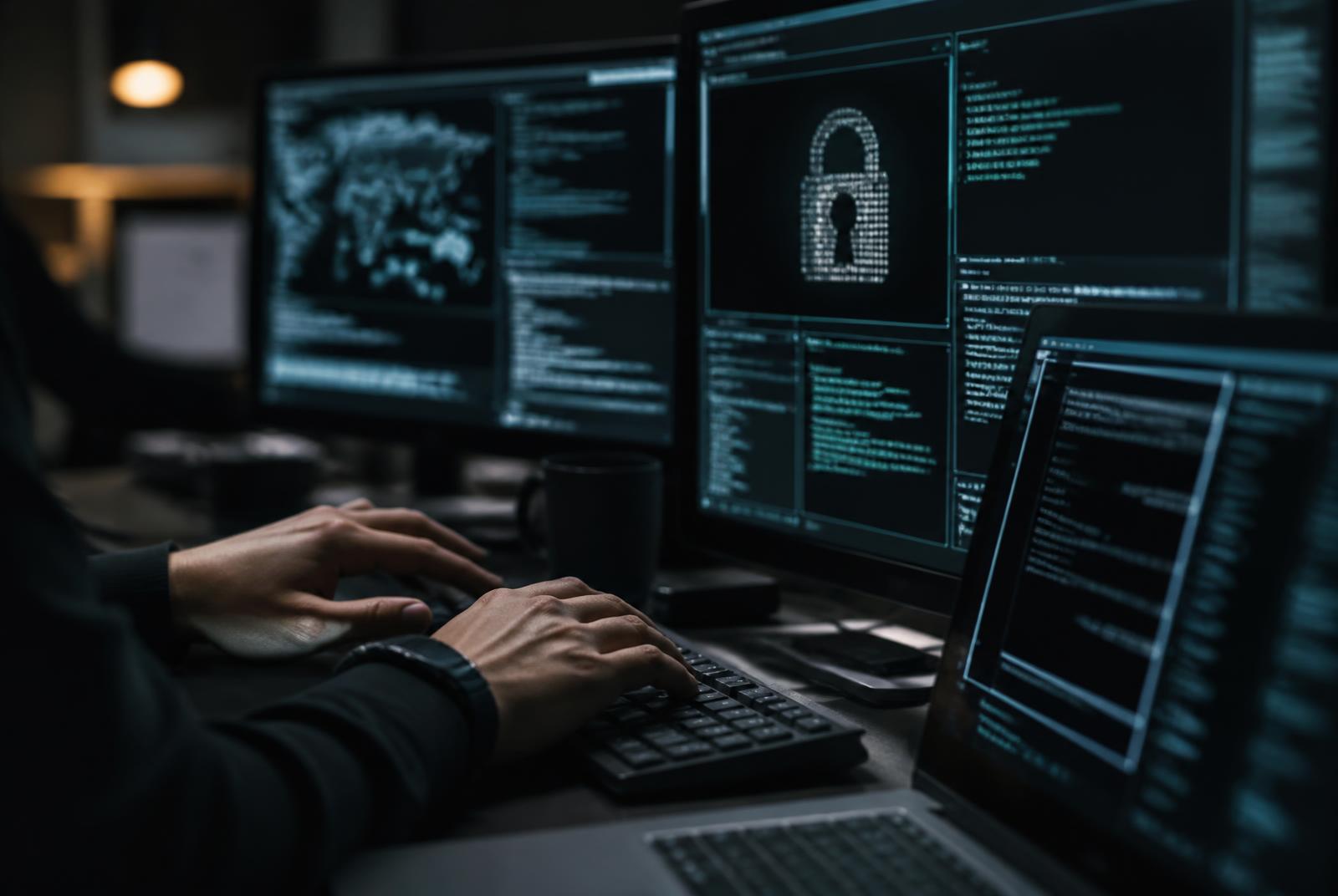 Engineer monitoring security dashboards and encrypted terminals on a dark multi-screen setup