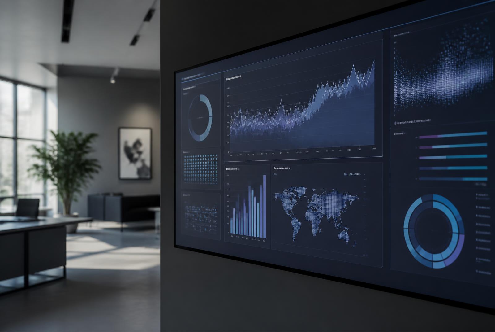 Analytics dashboards displayed on a large wall screen in an office interior