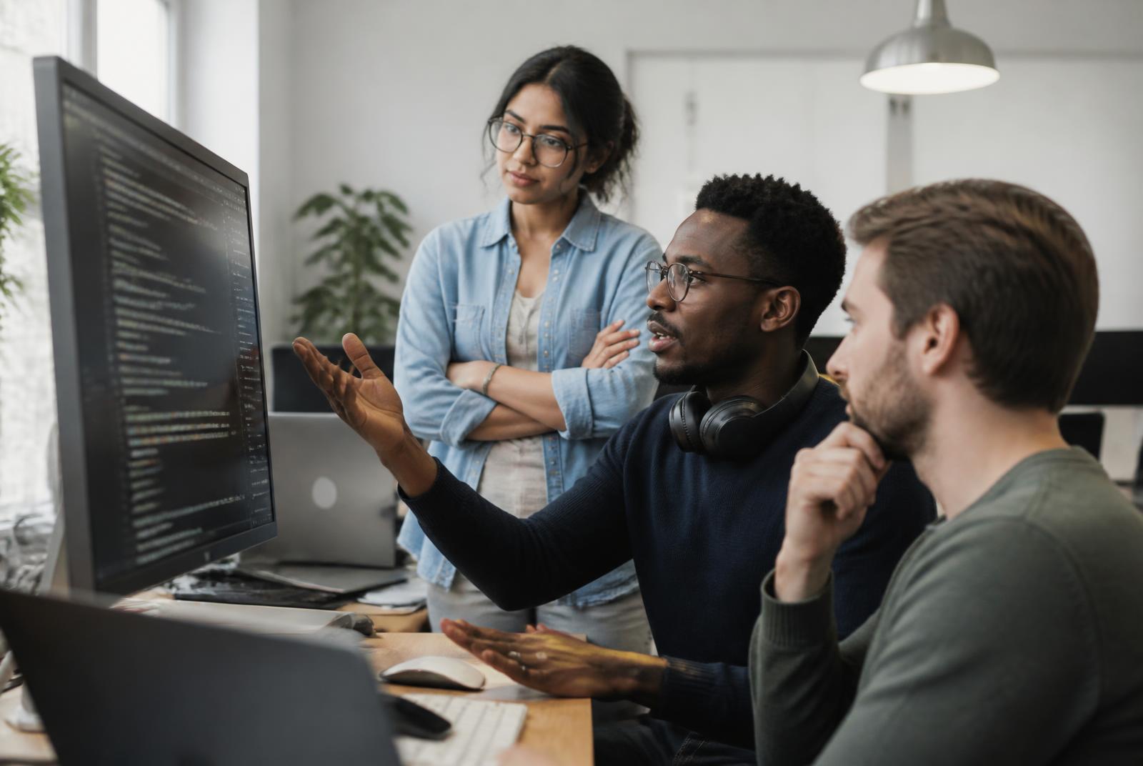 Software engineers discussing code on a shared monitor during a working session