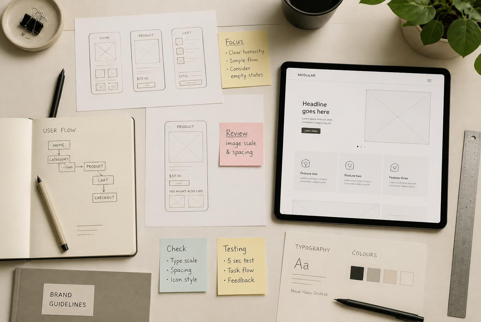 Design desk with printed wireframes, sticky notes and a tablet showing an interface layout